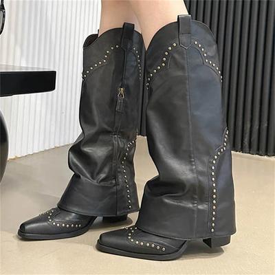 Модные ботинки-клепки женские ботфорты панк с острым носком на квадратном каблуке обувь на молнии Botas Largas De Mujer