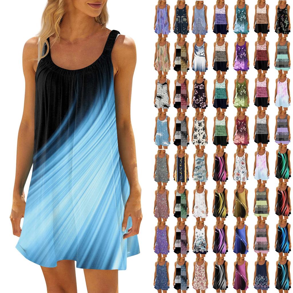 Женское модное летнее пляжное повседневное милое платье на бретельках без рукавов с принтом