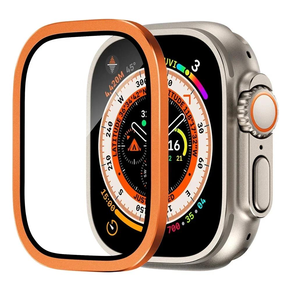 Защитная пленка для экрана для Apple Watch Ultra 49 мм, аксессуары для корпуса, металлическая рамка + закаленное стекло для iWatch Ultra 2, кольцо безеля 49 мм
