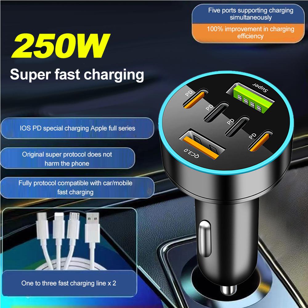 6 Ports Super Fast Car Charger PD QC 3.0 USB C Car Charger 250W Quick Charging Adapter for Phone