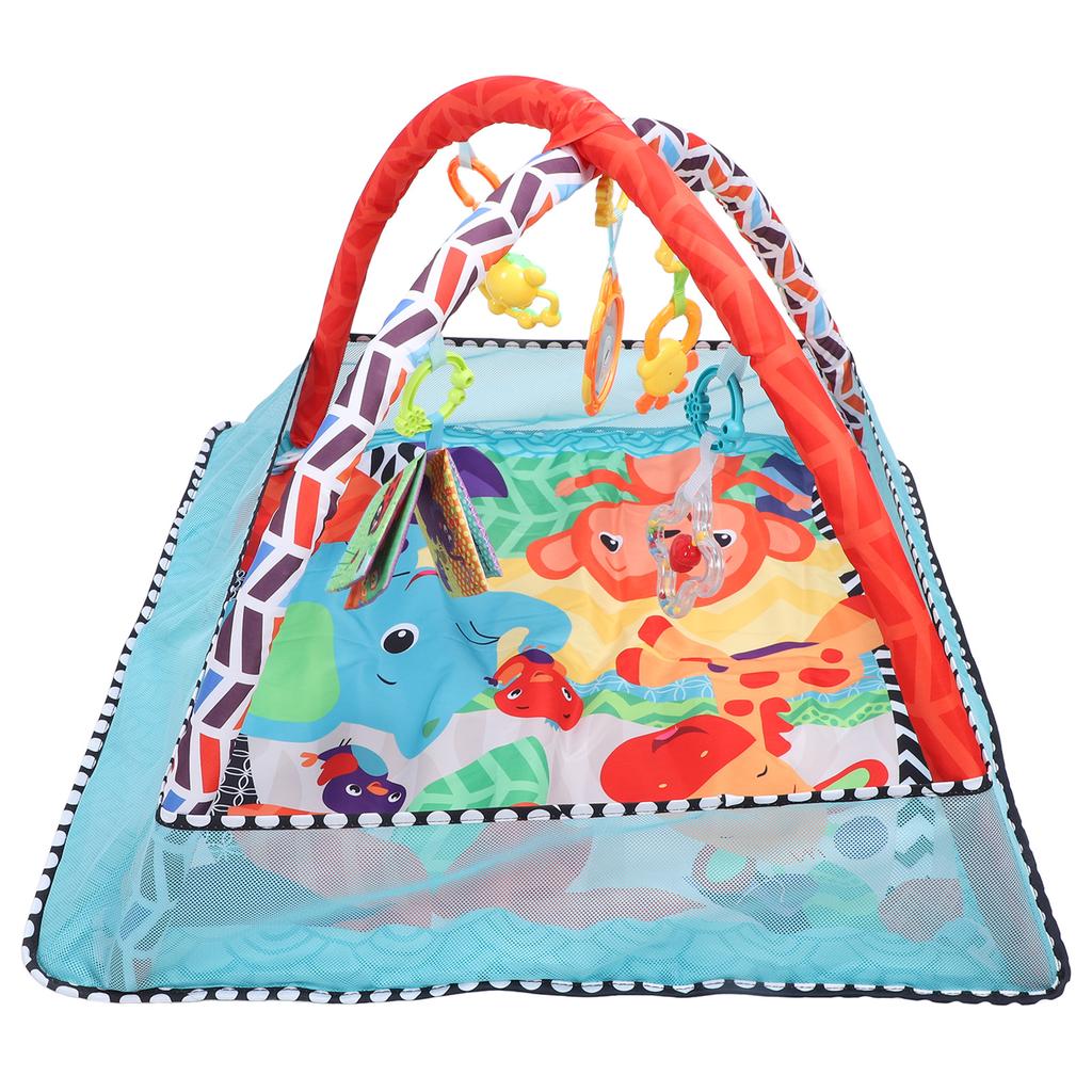 Детский гимнастический коврик с тканевой книгой-погремушкой и зеркалом для развития сенсорных и моторных навыков. Время лежать на животе.