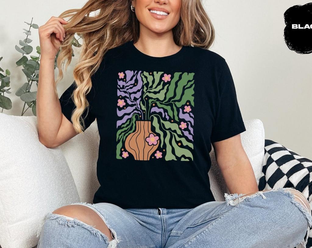 Boho Style Floral Vase Graphic T-Shirt and kids tshirt, Trendy Botanical Design, Casual Wear for All Seasons