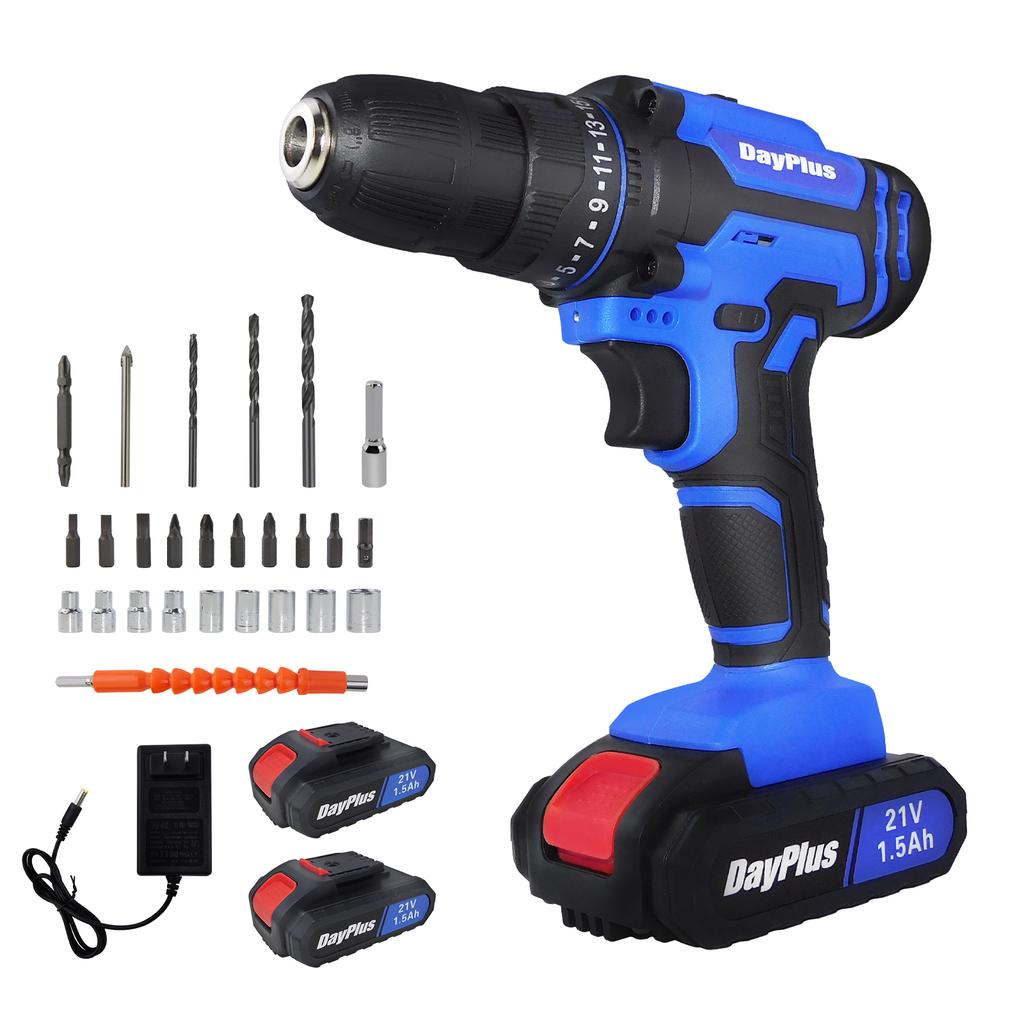 DayPlus 21V Cordless Drill Driver, Electric Drill Screwdriver with 1500mAh Battery, 45NM 2-Speed Combi Drill 25+1 Torque Setting