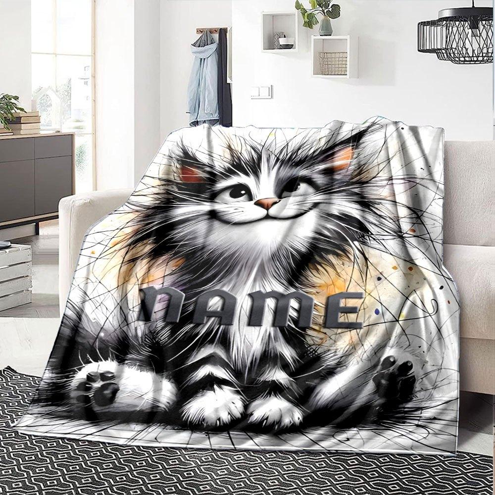 Cat Illustration Home Customize Your Name Blankets Comfortable Soft And Lightweight Allseason Versatile Blanket Perfect For Picnics Sofa Office Bed
