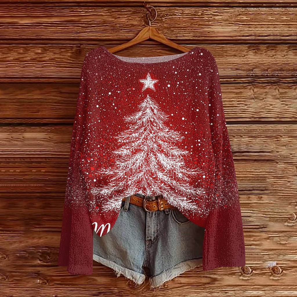 Women's Round Neck Lightweight Sweater Casual Long Sleeve Christmas Print Knit Pullover.