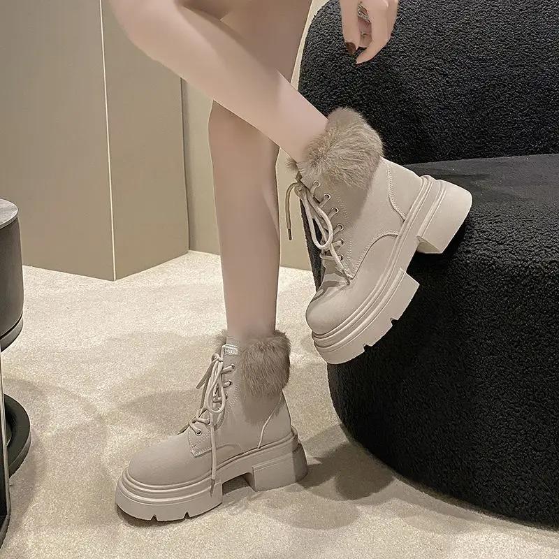 Элегантные на шнуровке на среднем каблуке с круглым носком шнурки женская обувь мода весна 2024 39 большой размер теплые на молнии женские зимние ботинки