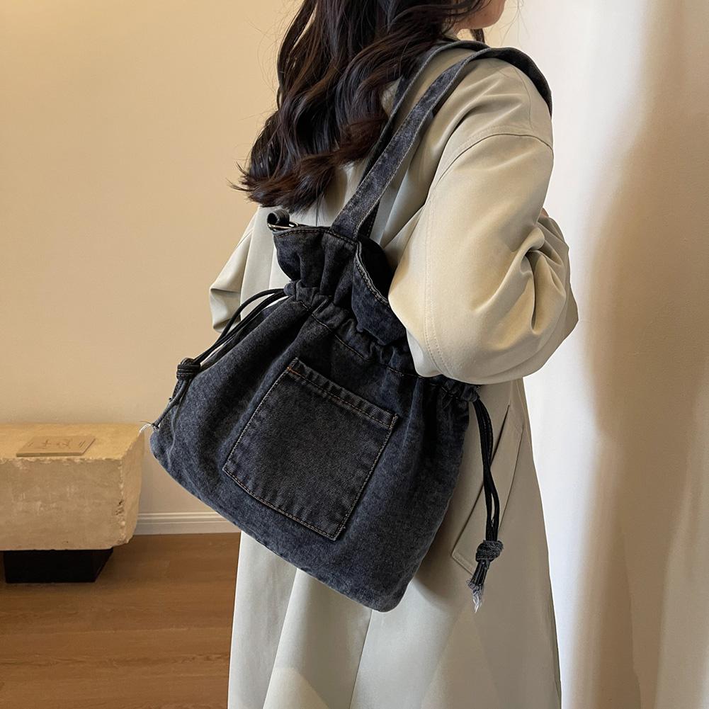 Denim Shoulder Bag Canvas Drawstring Trendy Crossbody Bag Casual Bucket Bag Aesthetic Underarm Bag for Women and Girls