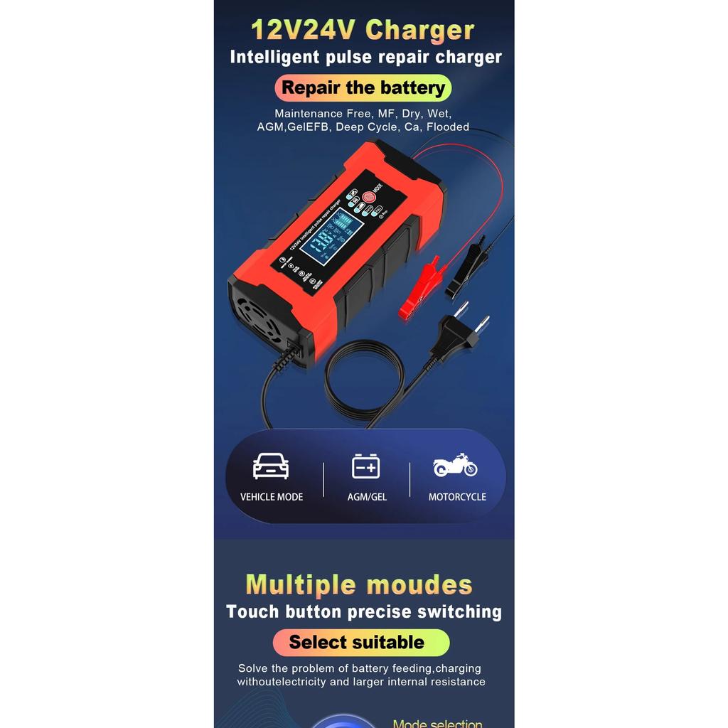 Зарядное устройство для аккумуляторов 24 В 5 А 12 В 10 А, умная быстрая зарядка для автомобильных аккумуляторов, 7-ступенчатый импульсный заряд, ремонт для AGM GEL WET свинцово-кислотных аккумуляторов