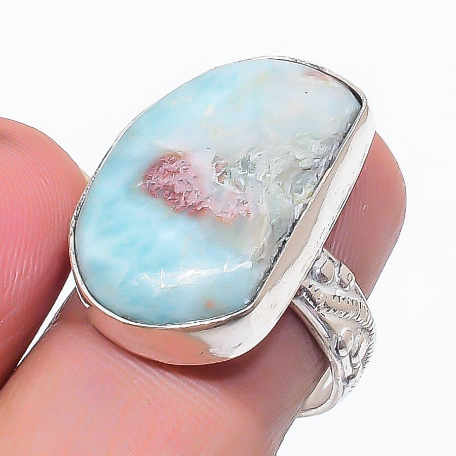 Natural Larimar Gemstone Handmade 925 Sterling Silver Jewelry Ring Size 7.5 T3k82