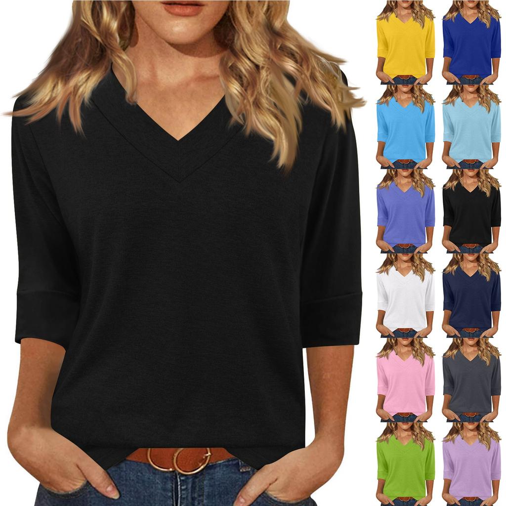 Women's Fashion Casual V Neck 3/4 Sleeve Loose Printed T-Shirt Ladies Top