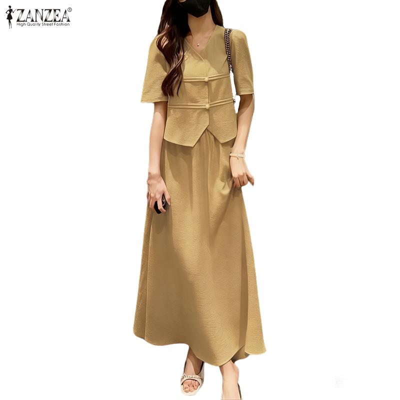 ZANZEA Women Short Sleeve Blouse and Long Skirts Summer Two Piece Suit Sets