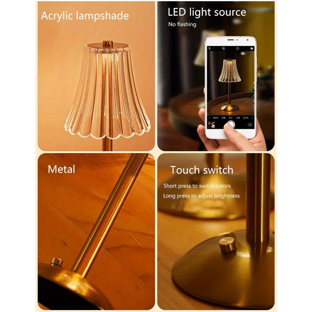 Современная светодиодная хрустальная настольная лампа с сенсорным управлением - трехцветное освещение, основание из кованого железа, аккумуляторная батарея