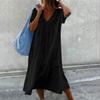 Summer Short Sleeve V Neck Loose Women Dress Elegant Fashion Solid Color Casual Simple A-line Party Long Dress Basic Women's Clothing