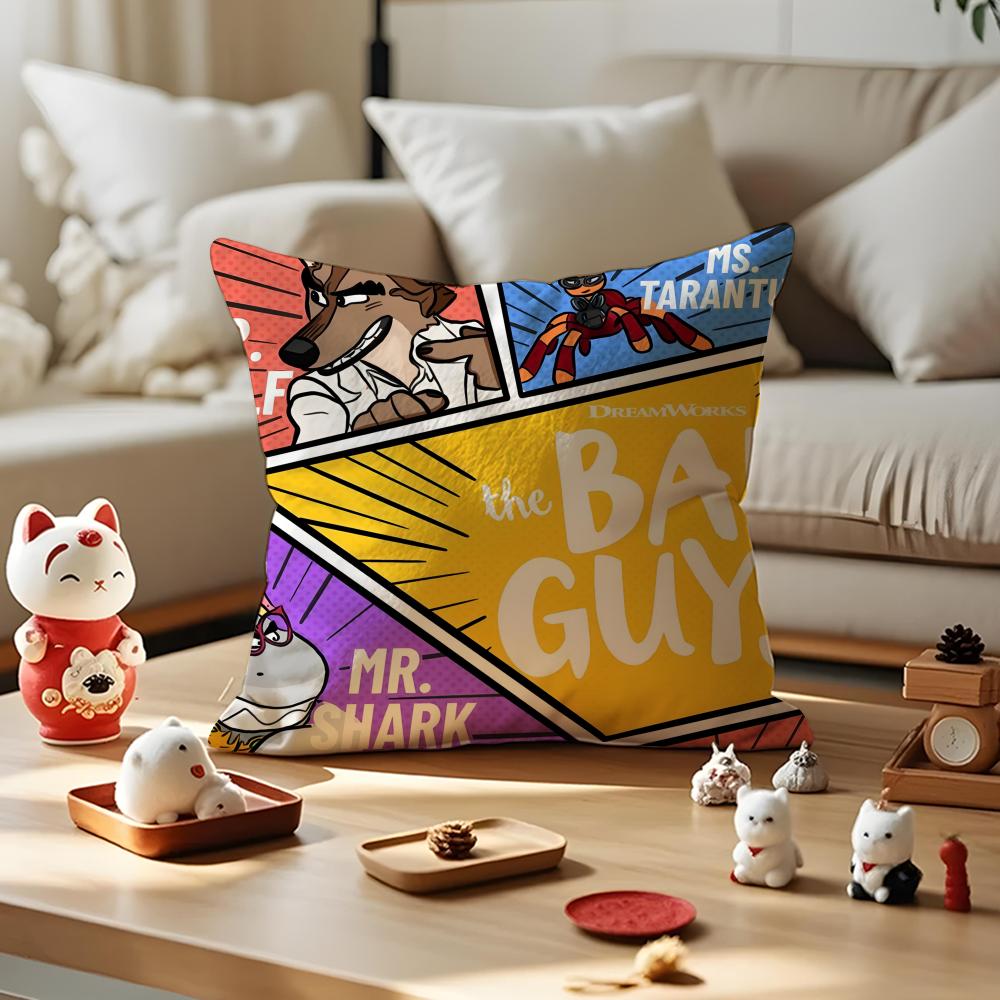 Cartoon TThe Bad Guys Cushion Cover Silky Short Plush with Invisible Zipper Dustproof Sofa Pillow Cover for Home Decor