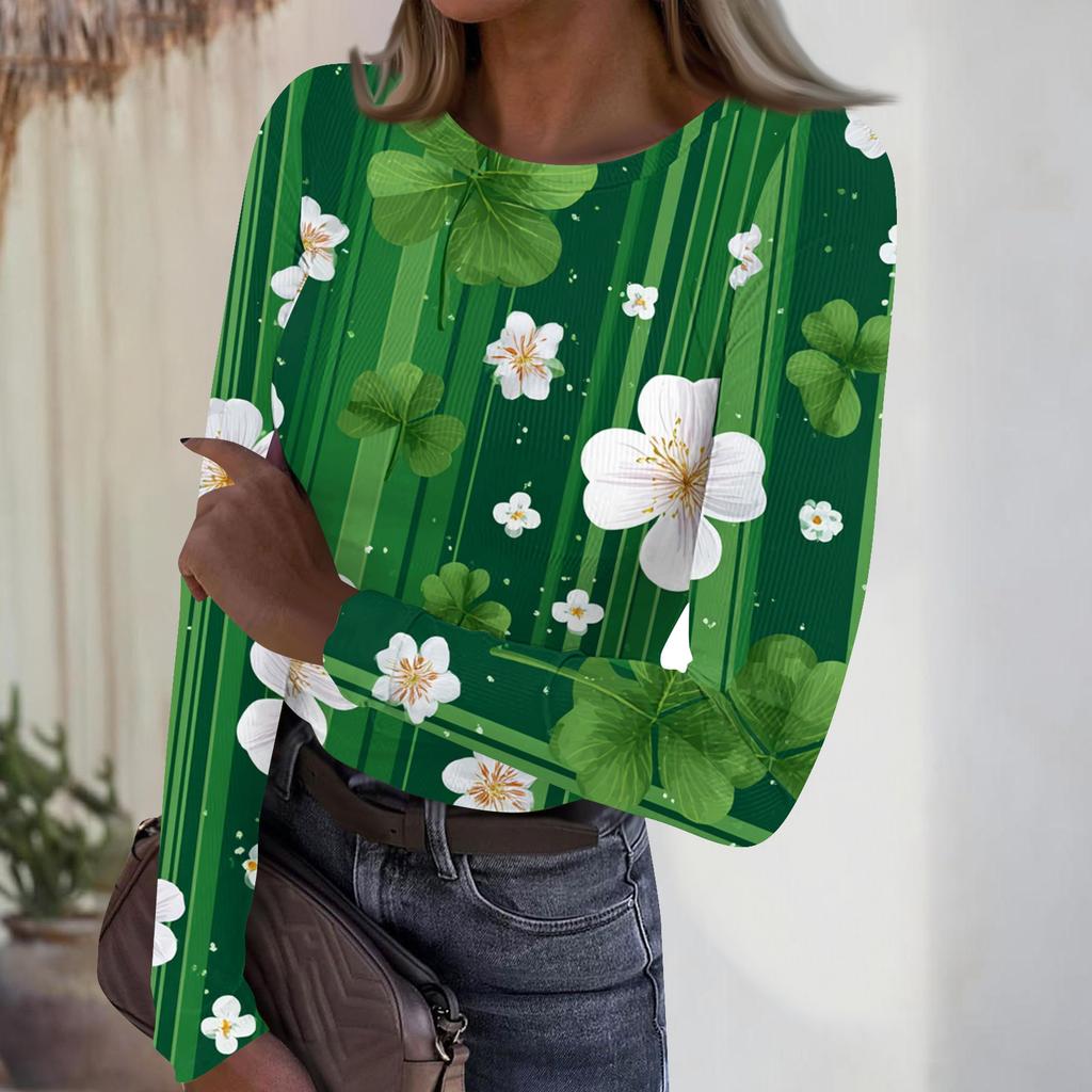 Women's Casual Fashion Round Neck St. Patrick's Day Print Long Sleeve Ribbed Top