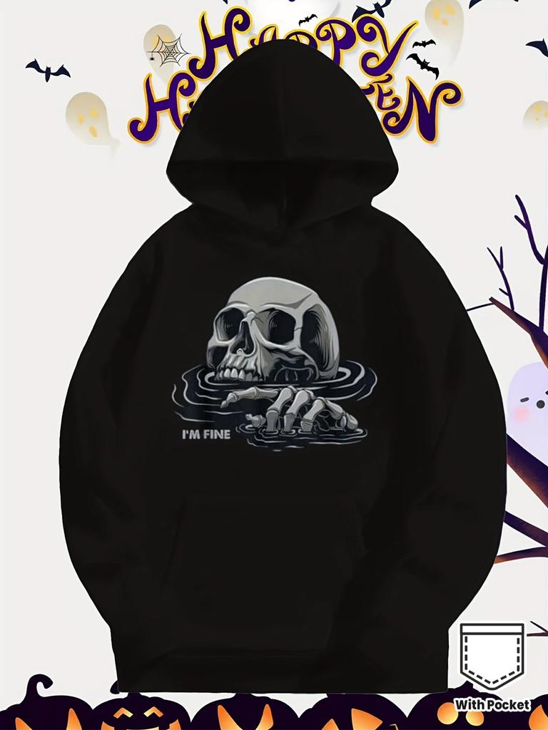 Unisex Fall Autumn Spooky Season Retro Vintage IM FINE Gothic Skull Broken Heart Graphic Print Hoodie Casual Long Sleeve Pullover