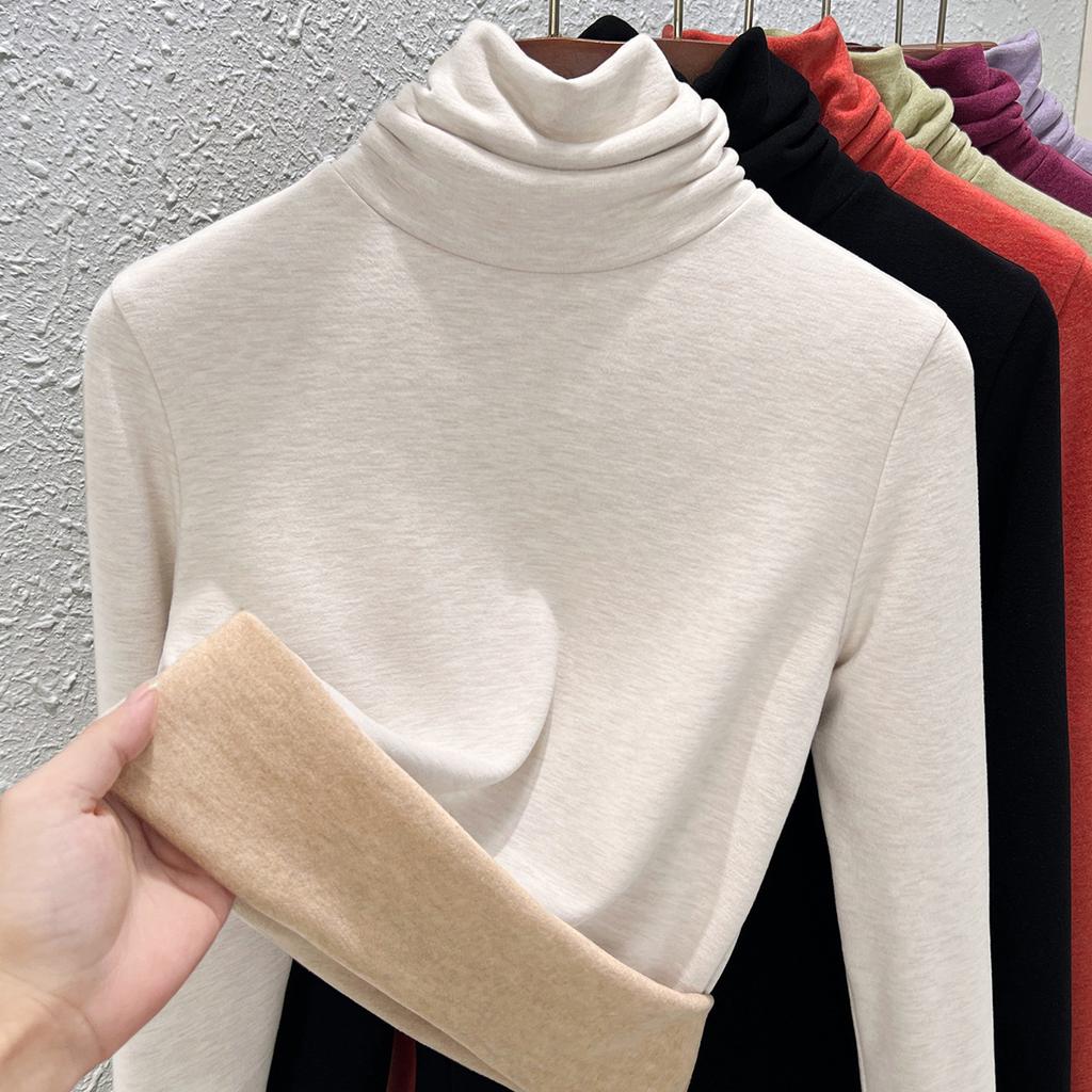 Autumn and Winter Women's Clothing Containing Wool and Silk Bottoming Shirt Women's Inner Heating Fleece Warm Turtleneck Top with Fleece and Thicker