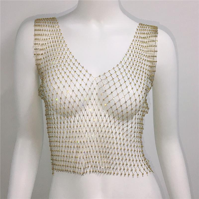 Европейский и американский топ-сетка без рукавов со стразами для женщин