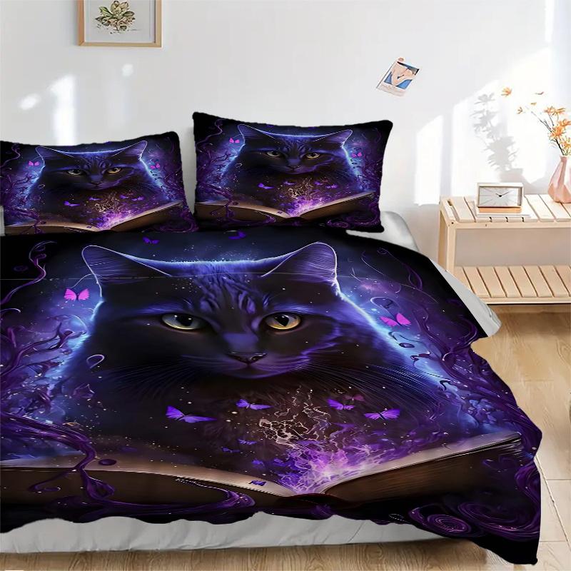 3pcs Purple Butterfly Fantasy Cat Comforter Set with One Quilt Cover and Two Pillowcases (No Core) - Home Decor, Festival Gift, Polyester Fabric, Anim