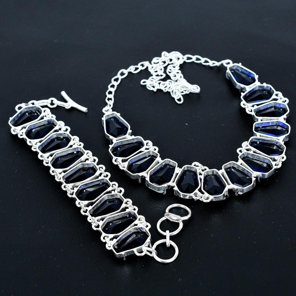 Комплект украшений: колье и браслет из синих сапфиров, драгоценный камень синий сапфир формы «гроб», серебро 925 пробы, ручная работа, уникальная коллекция, подарок на день рождения