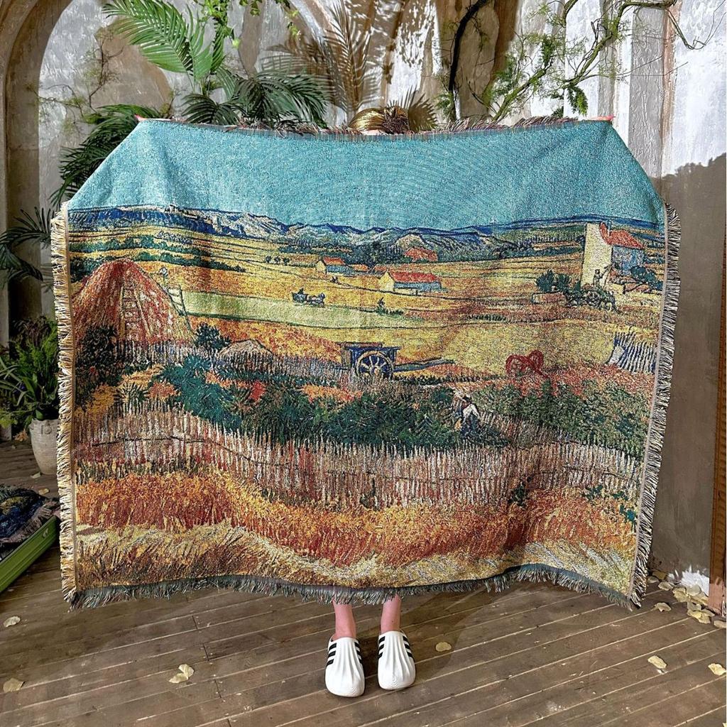 Van Gogh 'Wheatfield' Art Tapestry Oil Painting Style Single Sofa Throw with Fringe Decorative Blanket Leisure Weaving blanket