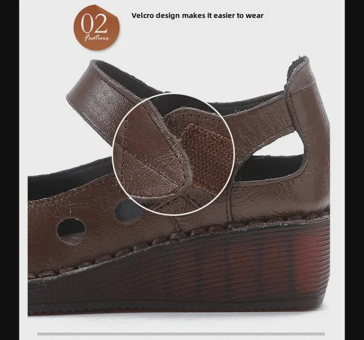 Women's Genuine Leather Thick-Soled Roman Sandals - High-Heel, Breathable, Comfortable for Mothers