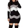 Women Autumn O Neck Long Sleeve Color Block Bodycon Warm Mini Sweater Dress