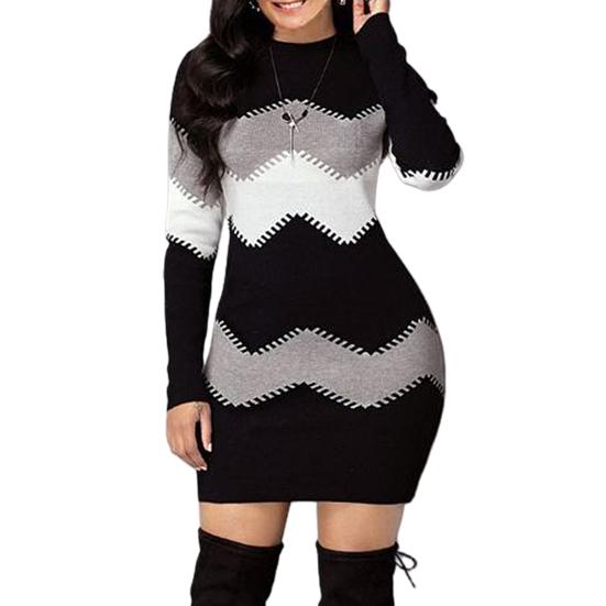 Women Autumn O Neck Long Sleeve Color Block Bodycon Warm Mini Sweater Dress