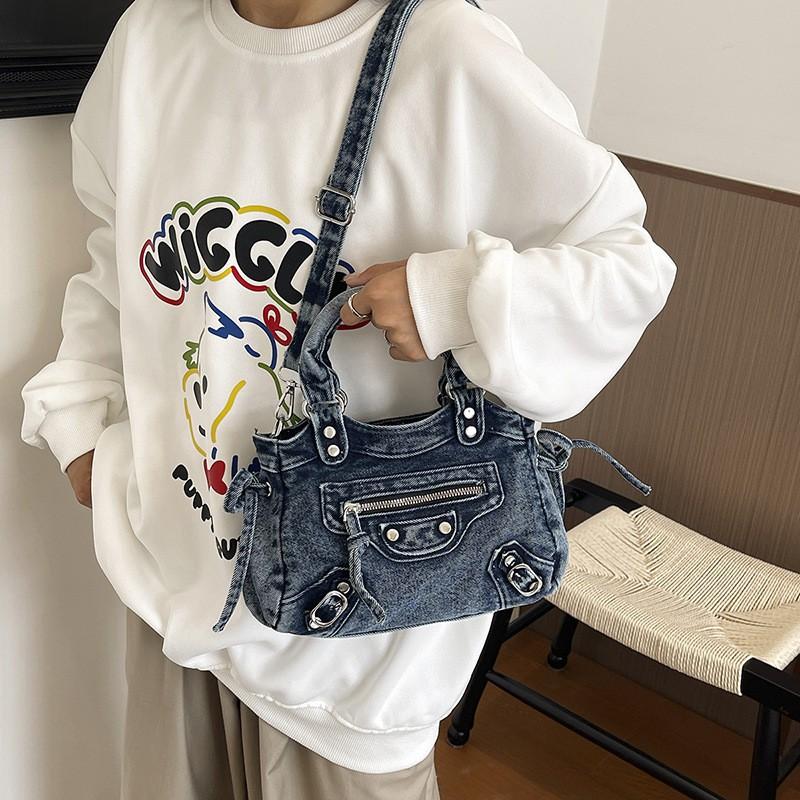 Retro Motorcycle Style Denim Handbag With Studs Chic Crossbody Shoulder Bag Women Streetwear Fashion Accessory