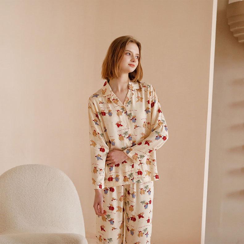 Женский рождественский пижамный комплект из сатина с принтом кролика - с коротким рукавом и шортами