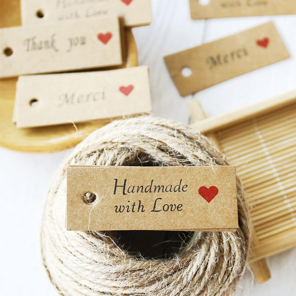 10M Strings Package Ornament “Merci” Labels Handmade With Love Thank You Hanging Tags Kraft Paper