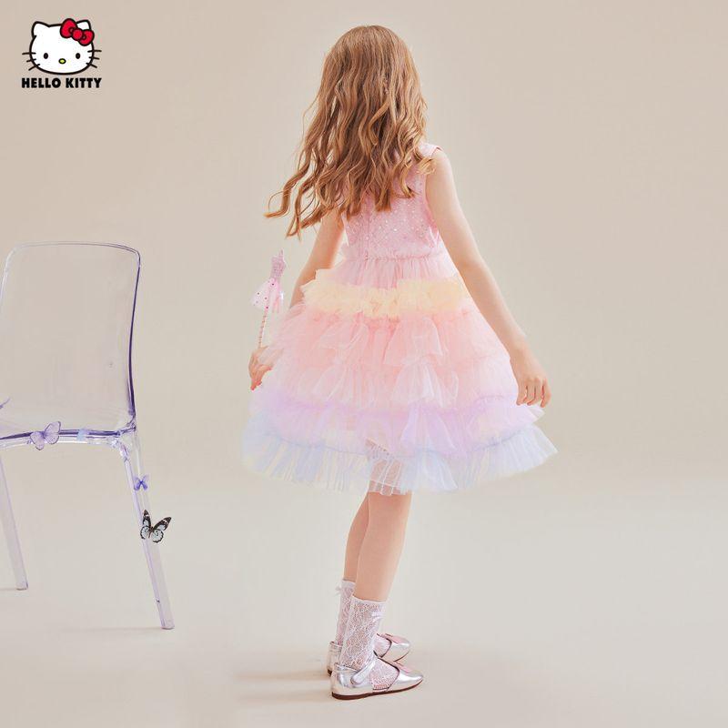 Летнее платье для девочек Hello Kitty 2025 Новое сетчатое платье-торт Градиентный цвет Юбка-пачка Платье принцессы