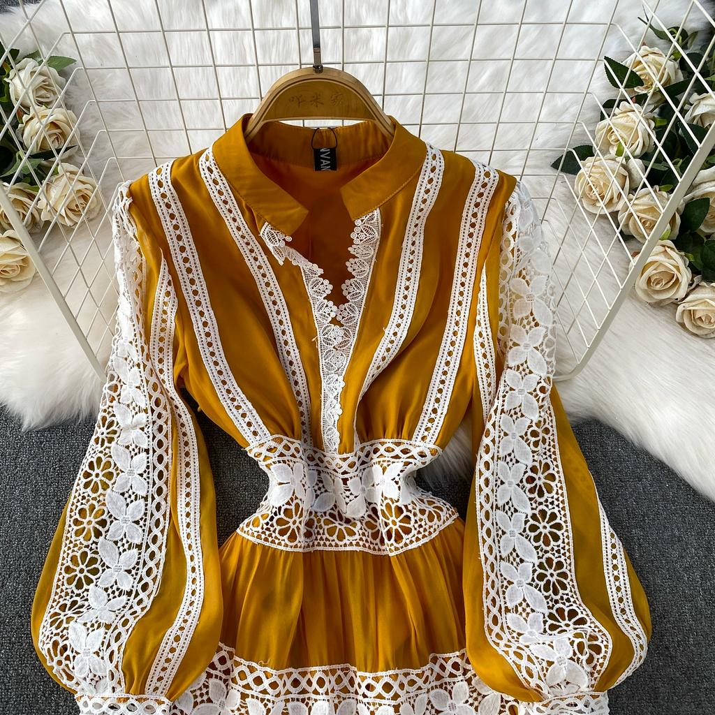 Роскошные Дизайнерские Осенние Вечерние Платья для Выпускного с Ажурной Вышивкой для Женщин, Кружевной Пэчворк, V-образный Вырез, Длинный Рукав-фонарик, Макси-платье