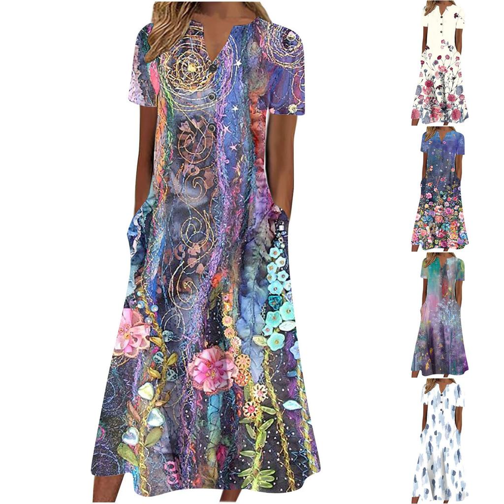 Women's Summer Casual Printed V-Neck Short-Sleeve Swing Dress