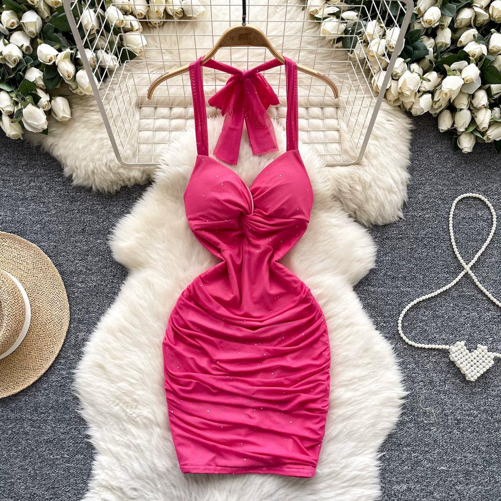 Летние женские сексуальные бретельки через шею с открытой спиной, блестящие, облегающие, мини-короткие, клубные платья для вечеринок