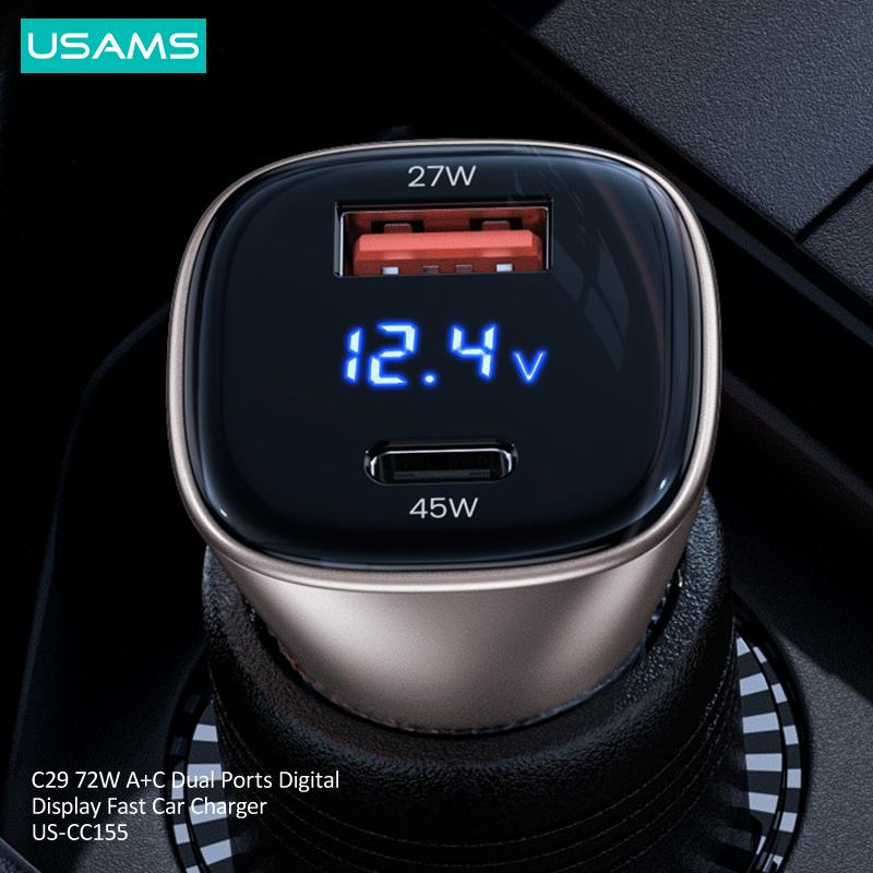 USAMS Быстрое автомобильное зарядное устройство 72 Вт, двухпортовый USB Type C, быстрое зарядное устройство, цифровое зарядное устройство QC PD для ноутбука, телефона для iPhone 13 Pro Max 12 Huawei