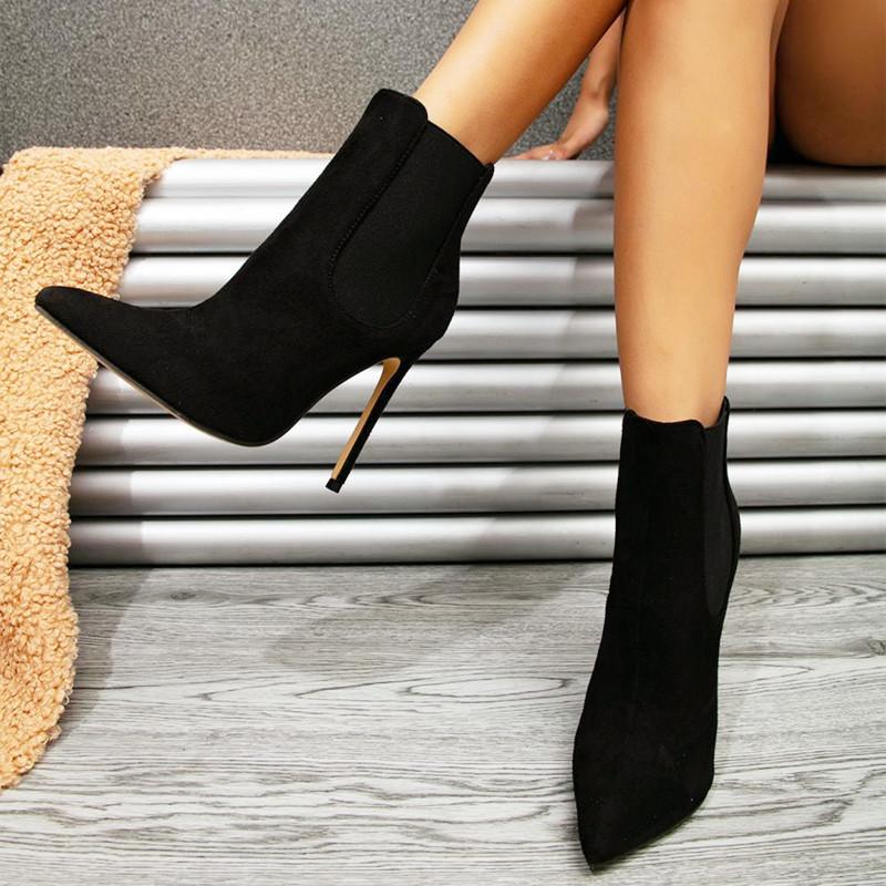 Модные новые ботильоны с острым носком на тонком высоком каблуке для женщин 2024 года, зимние ботинки из искусственной замши, сексуальные ботинки челси для женщин, уличные ботинки Altas