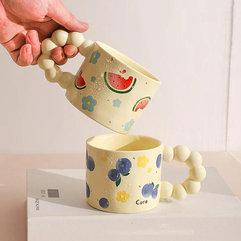 330ML Japanese Style Ceramic Coffee Cup Cute Fruit Pattern Milk Tea Cup Water Mug with Anti-slip Handle Coffee Cup Birthday Gift