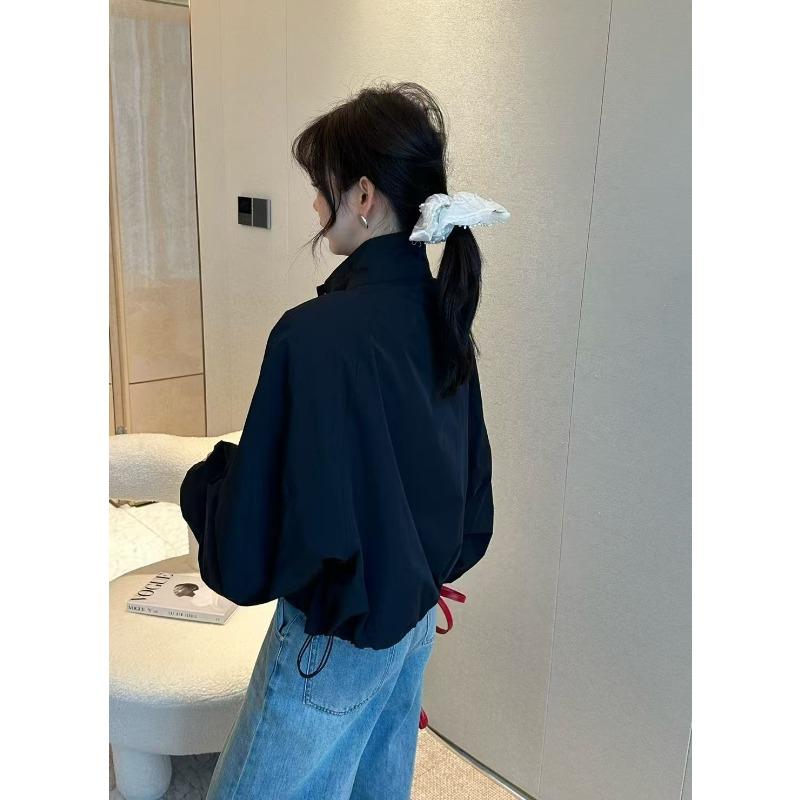 Осень и Зима Новый Стиль Стойка Воротник Карман на Молнии Модная Однотонная Кулиска Свободная Куртка