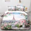 Paris Eiffel Tower Themed Couple Duvet Cover Set Cityscape Comforter Cover Romantic Polyester Bedspread Cover Pink Floral King
