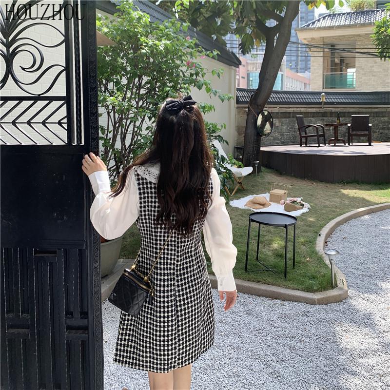 HOUZHOU Платье в клетку с кукольным воротником, женское платье из двух частей, милое элегантное шикарное платье феи в корейском стиле