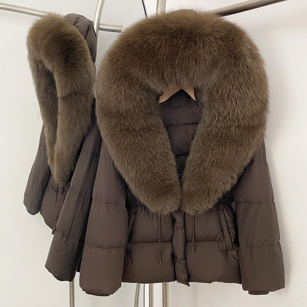 Съемный oversized воротник из лисьего меха женская короткая пуховая куртка женская зимняя новая с капюшоном на талии и тонкая меховая куртка