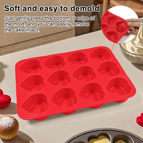 Silicone Muffin Pan 12-Cup Heart Cupcake Pan Non-stick Cake Mold Food-Grade Baking Mold for Cupcakes Chocolates Easy Demolding