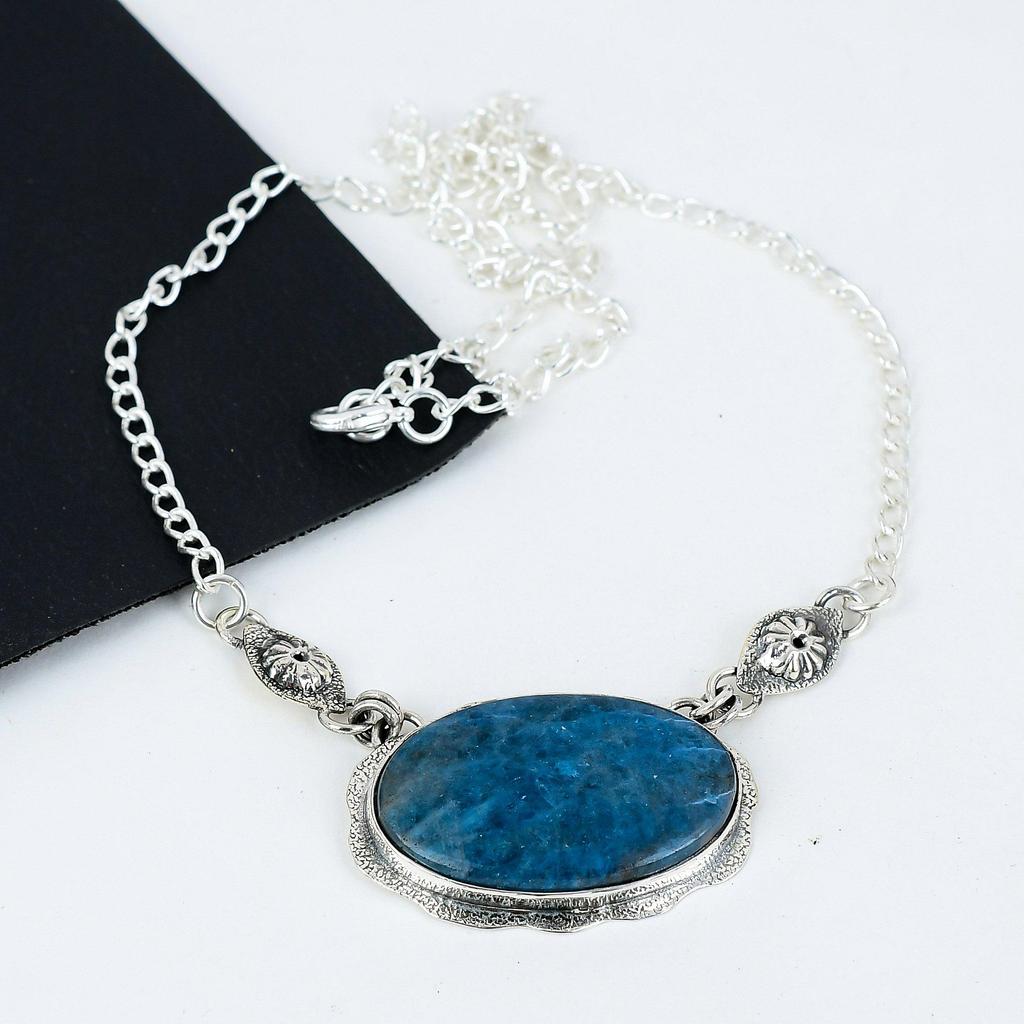 Натуральный голубой апатит драгоценный камень ручной работы из стерлингового серебра 925 пробы гальванопластика ожерелье, голубой апатит серебро для жены унисекс кулон помолвка подарки