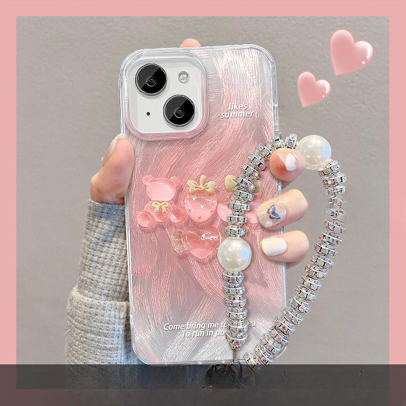 Suitable for Apple 15 Mobile Phone Case Summer Iphone14 Peach Doll Stand 13 Feather Yarn 12 High-end Sense Chain 11