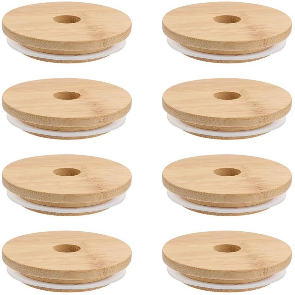 Mason Jar Lids Bamboo Wood Lids Straw Lid With Glass Hole Cup Covers Sealing Cover