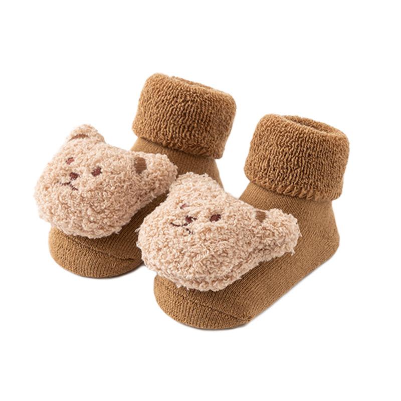 1 пара детских носков с медвежонком, носки-тапочки для мальчиков, зимние носки средней длины, милые хлопковые, для малышей, толстые, с нескользящей подошвой, мягкие