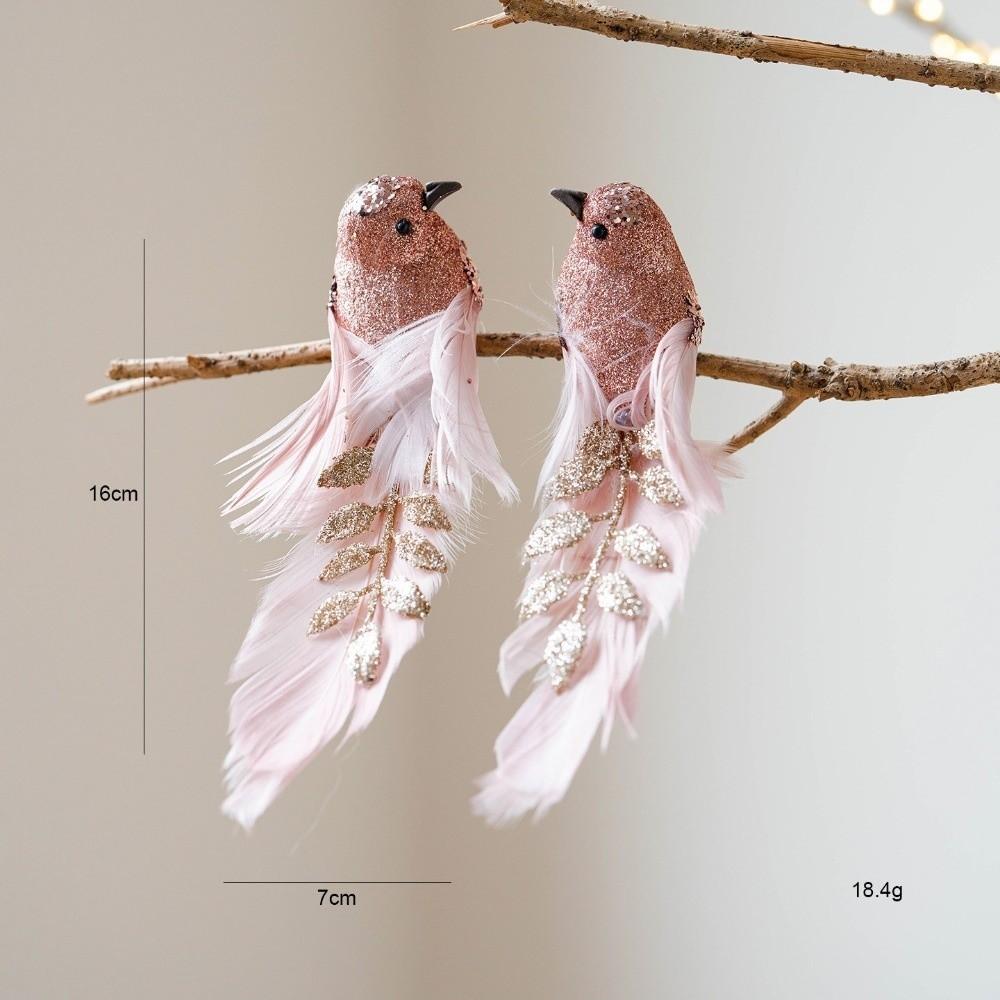 1pair Glitter Finish Artificial Bird Ornament Long Feather Tail Simulated Bird Decor Christmas Tree