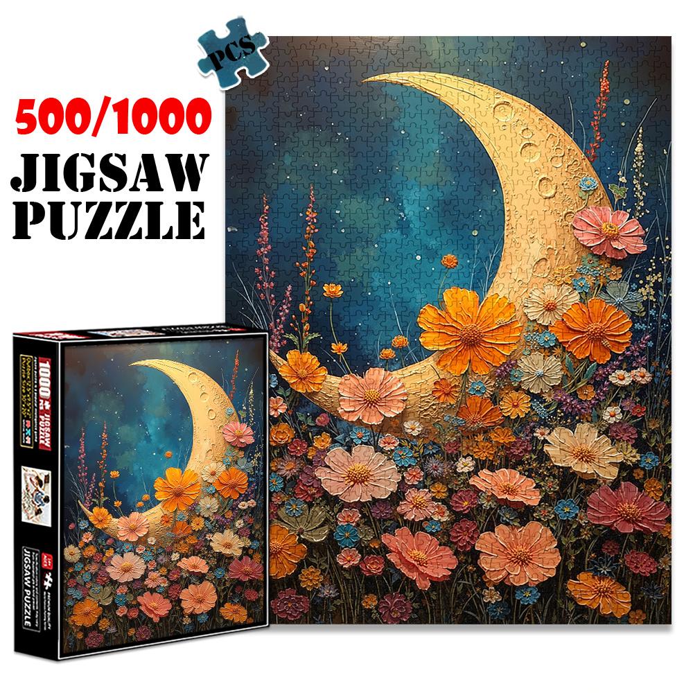 1 Box of 1000pcs Premium Jigsaw Puzzle, Large Size, 3D Style Floral and Crescent Moon Design, Paper Puzzle with 500pcs. Ideal for DIY Creative Games