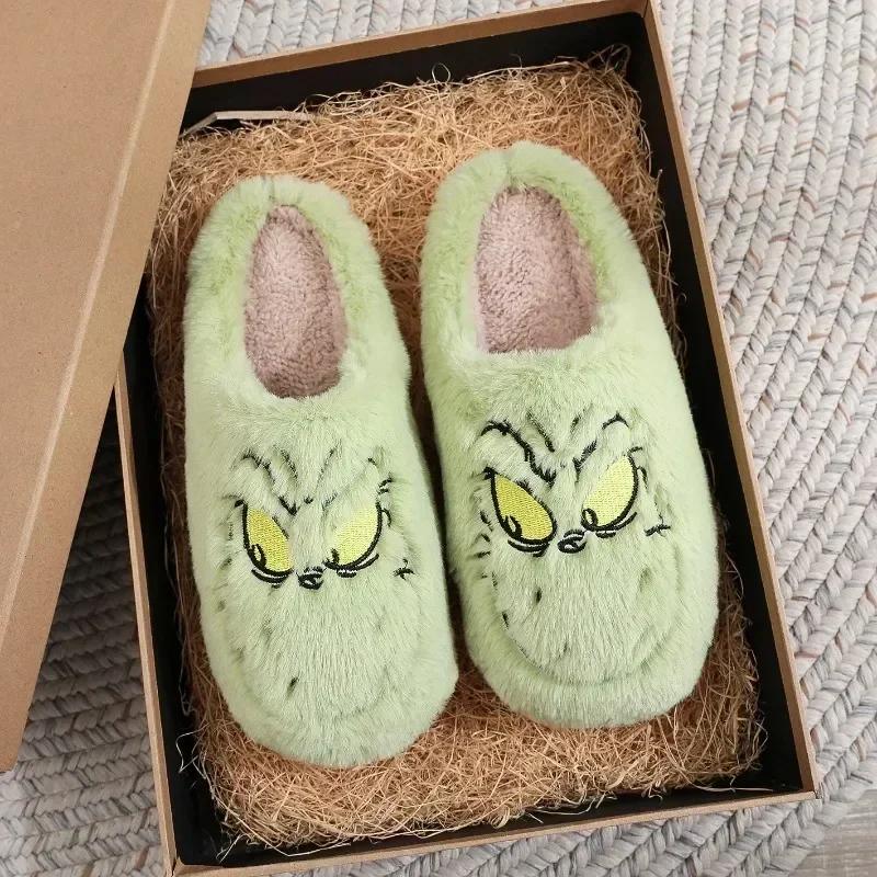 Fashion 2025 Hot Seller Christmas Plush Slippers Winter Warm Cute Home Green Haired Monster Slippers Non Slip Cotten Shoes New Year Gift